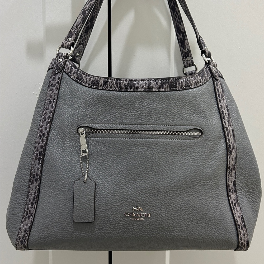 Coach Kristy Gray Leather Hobo Bag with Snakeskin Trim- With COA- 14×11×6- EUC